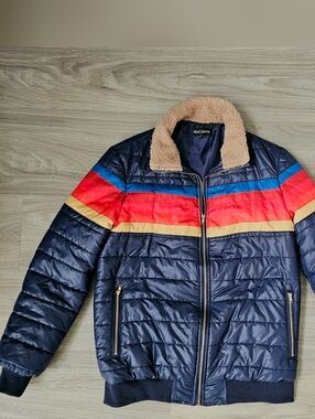Retro Navy Puffer Jacket with Multi-Color Stripe